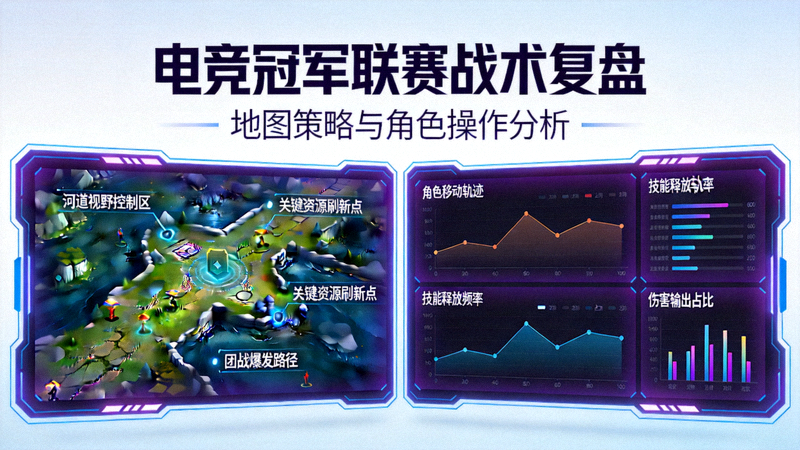 电竞冠军联赛战术复盘焦点图 - 地图策略与角色操作分析界面